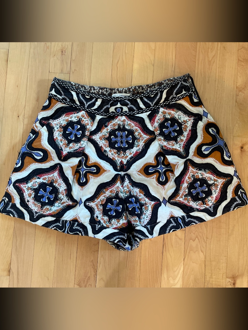 Ulla Johnson Blue, Black, White & Tan High-Waist Patterned Shorts Size 10